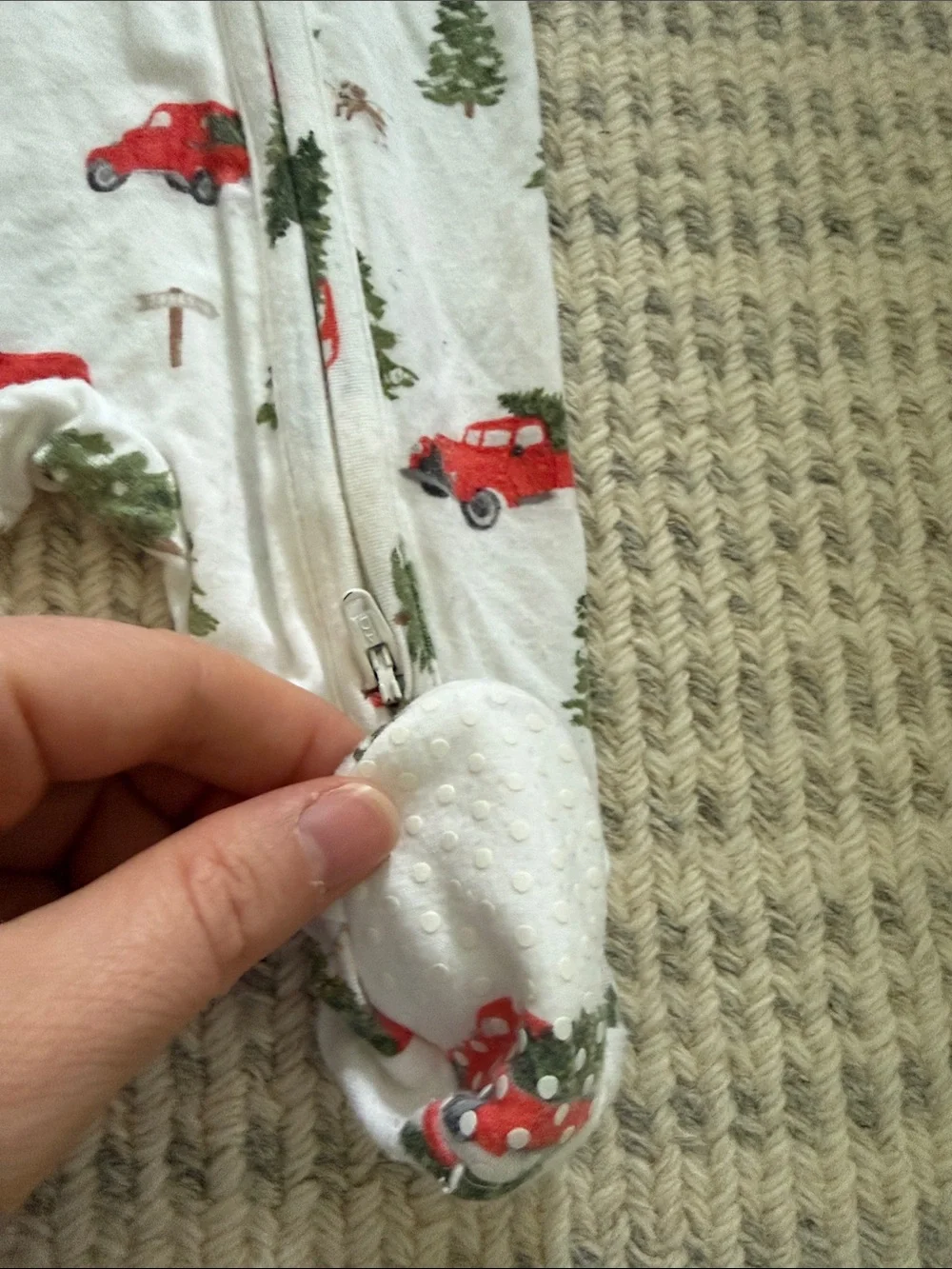 Angel Dear Newborn White Footed One-Piece with Red Truck and Green Tree Print
